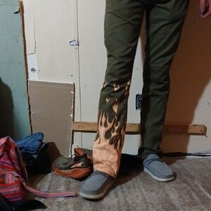 Men's Olive Slim Straight Jeans with Flame Detail